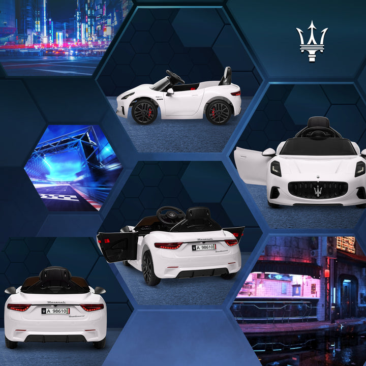 Carro Elétrico para Crianças acima de 3 Anos Carro Maserati Gran Turismo Folgore Carro Elétrico com Bateria 12V Controlo Remoto Faróis Buzina e Música MP3 98x59x43 cm Branco