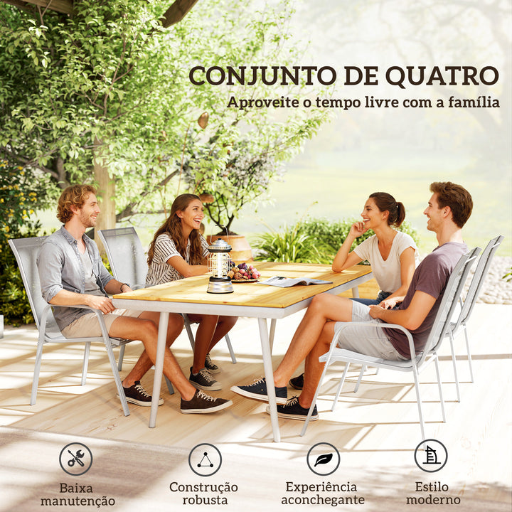 Conjunto de 4 Cadeiras de Jardim Exterior Cadeiras de Terraço Empilháveis com Tecido Respirável Estrutura de Metal Apoios de Braços e Encosto 54x75,5x95 cm Cinzento Claro