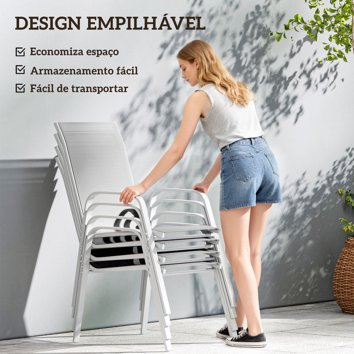 Conjunto de 4 Cadeiras de Jardim Exterior Cadeiras de Terraço Empilháveis com Tecido Respirável Estrutura de Metal Apoios de Braços e Encosto 54x75,5x95 cm Cinzento Claro