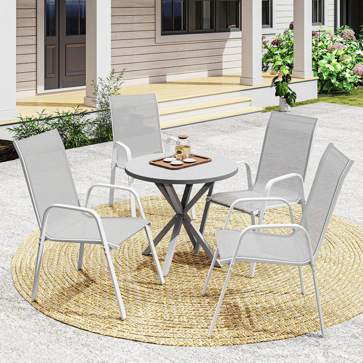 Conjunto de 4 Cadeiras de Jardim Exterior Cadeiras de Terraço Empilháveis com Tecido Respirável Estrutura de Metal Apoios de Braços e Encosto 54x75,5x95 cm Cinzento Claro
