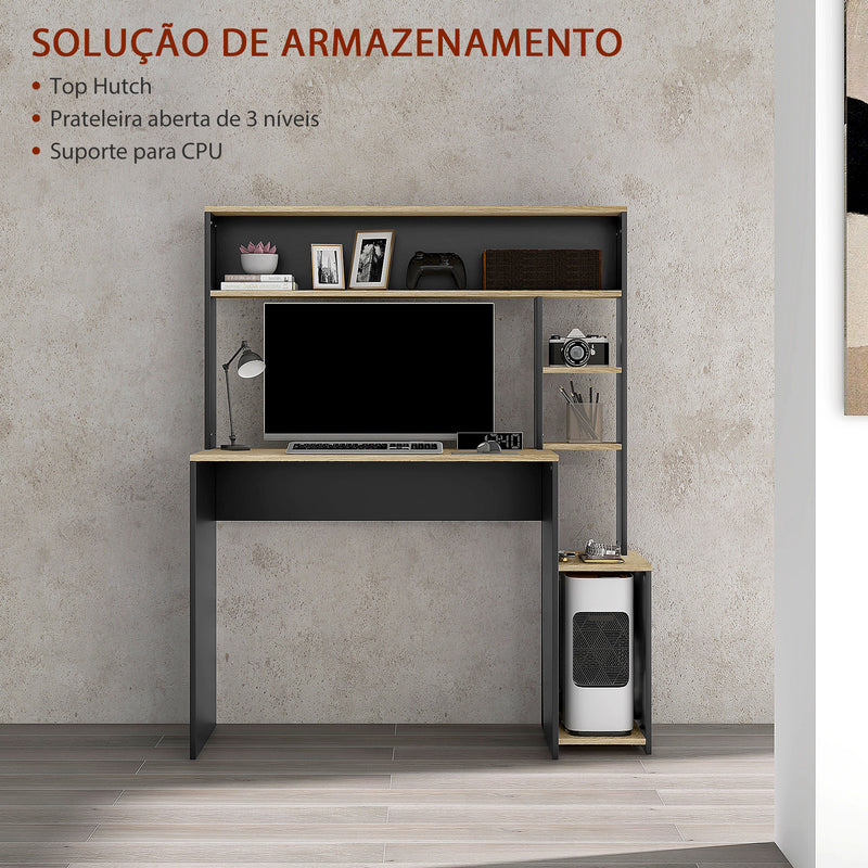 Secretária para Computador com Prateleira de 3 Níveis Mesa de Estudo com Suporte para CPU e Prateleira Superior para Casa Escritório 114x45x138 cm Cinza e Natural