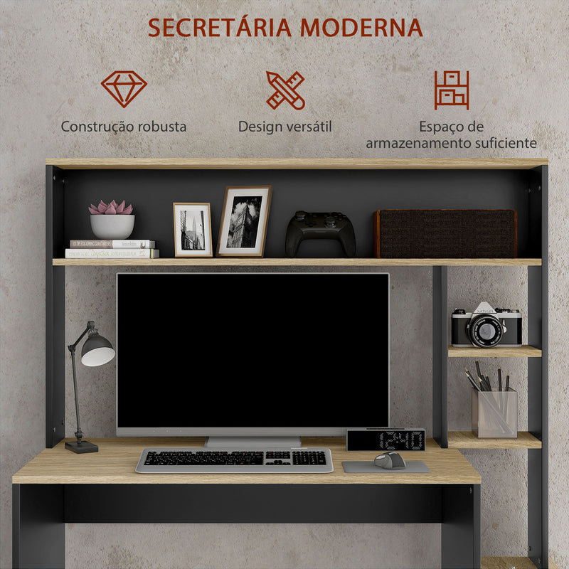 Secretária para Computador com Prateleira de 3 Níveis Mesa de Estudo com Suporte para CPU e Prateleira Superior para Casa Escritório 114x45x138 cm Cinza e Natural