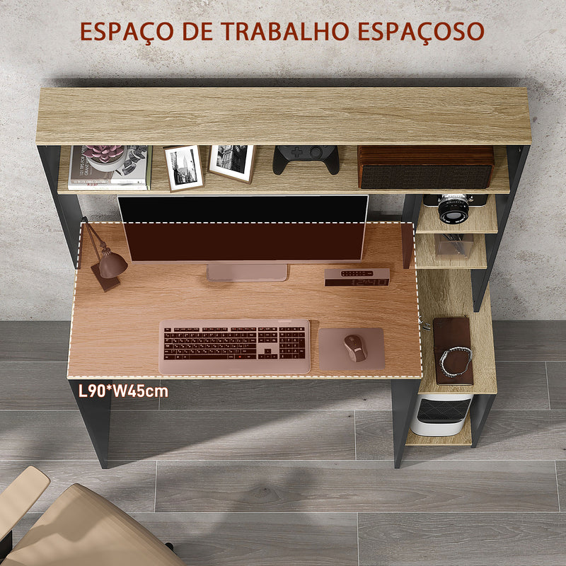 Secretária para Computador com Prateleira de 3 Níveis Mesa de Estudo com Suporte para CPU e Prateleira Superior para Casa Escritório 114x45x138 cm Cinza e Natural