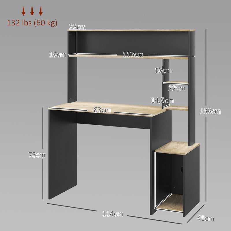 Secretária para Computador com Prateleira de 3 Níveis Mesa de Estudo com Suporte para CPU e Prateleira Superior para Casa Escritório 114x45x138 cm Cinza e Natural