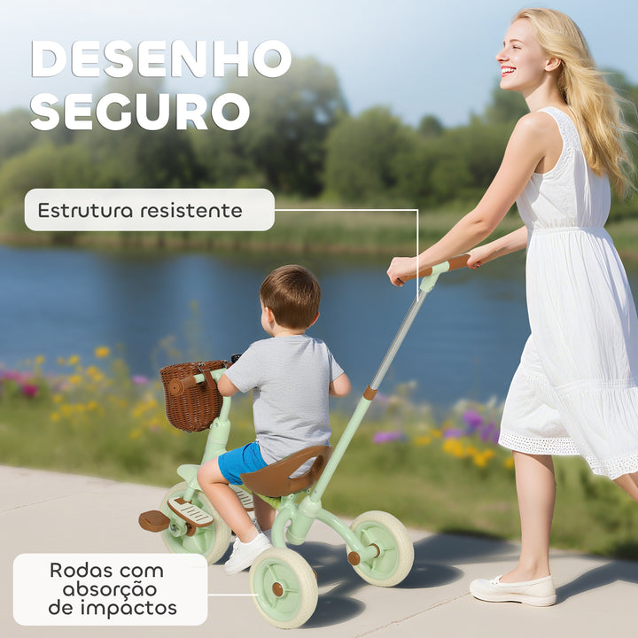 Triciclo para Bebés 2 em 1 Triciclo Evolutivo para Crianças de 2-5 Anos com Barra Parental Ajustável Pedais Antideslizantes Apoio para Pés Rebatível e Cesto 93,5x47x96 cm Verde