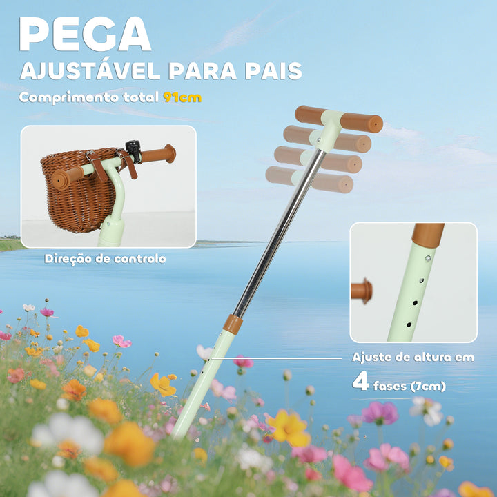 Triciclo para Bebés 2 em 1 Triciclo Evolutivo para Crianças de 2-5 Anos com Barra Parental Ajustável Pedais Antideslizantes Apoio para Pés Rebatível e Cesto 93,5x47x96 cm Verde