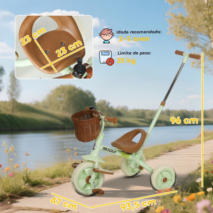 Triciclo para Bebés 2 em 1 Triciclo Evolutivo para Crianças de 2-5 Anos com Barra Parental Ajustável Pedais Antideslizantes Apoio para Pés Rebatível e Cesto 93,5x47x96 cm Verde