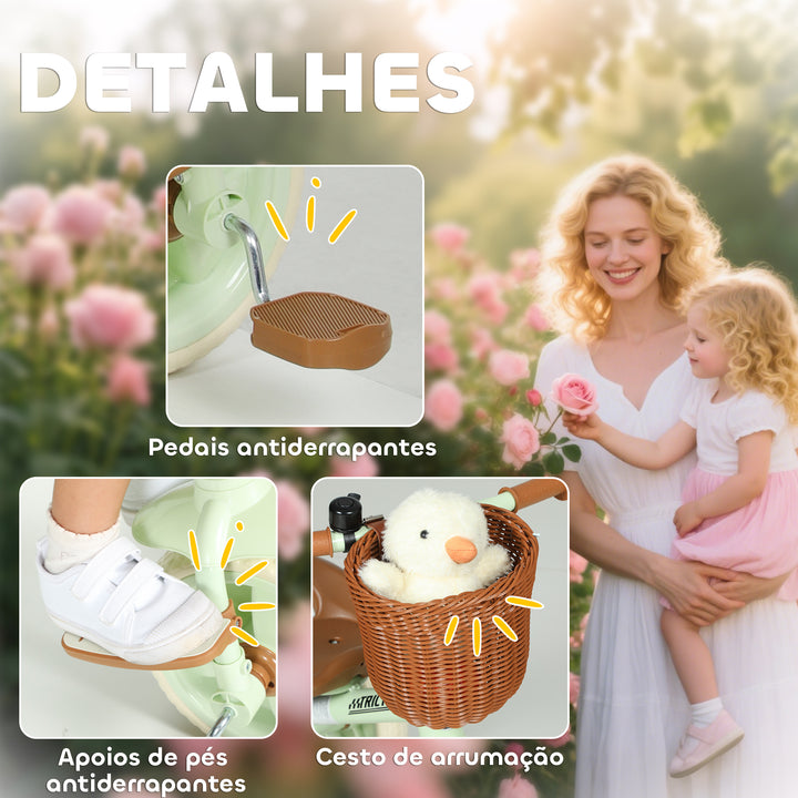 Triciclo para Bebés 2 em 1 Triciclo Evolutivo para Crianças de 2-5 Anos com Barra Parental Ajustável Pedais Antideslizantes Apoio para Pés Rebatível e Cesto 93,5x47x96 cm Verde