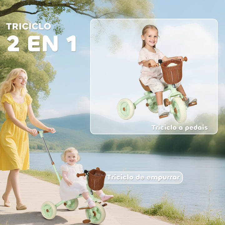 Triciclo para Bebés 2 em 1 Triciclo Evolutivo para Crianças de 2-5 Anos com Barra Parental Ajustável Pedais Antideslizantes Apoio para Pés Rebatível e Cesto 93,5x47x96 cm Verde