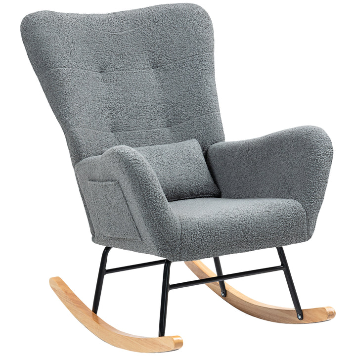Poltrona Baloiço em Borrego Sintético Poltrona para Amamentação com Encosto Acolchoado Almofada e Base de Madeira de Borracha Suporta 120 kg 67x82x100 cm Cinza
