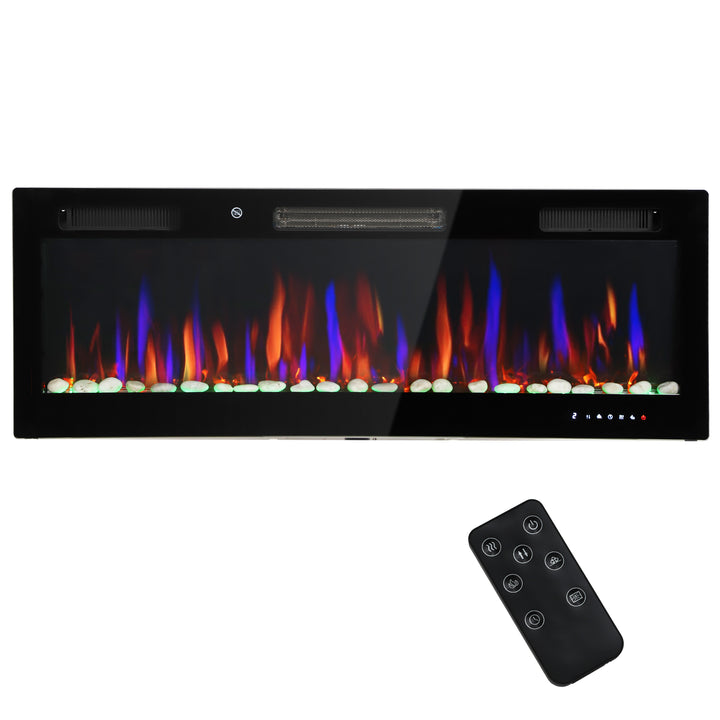 Lareira Elétrica Ultrafina de Parede e Embutir com Chama 3D Lareira Decorativa Brilho/Velocidade Ajustável 12 Cores Pedras 900/1800W Temporizador Termóstato Controlo Remoto