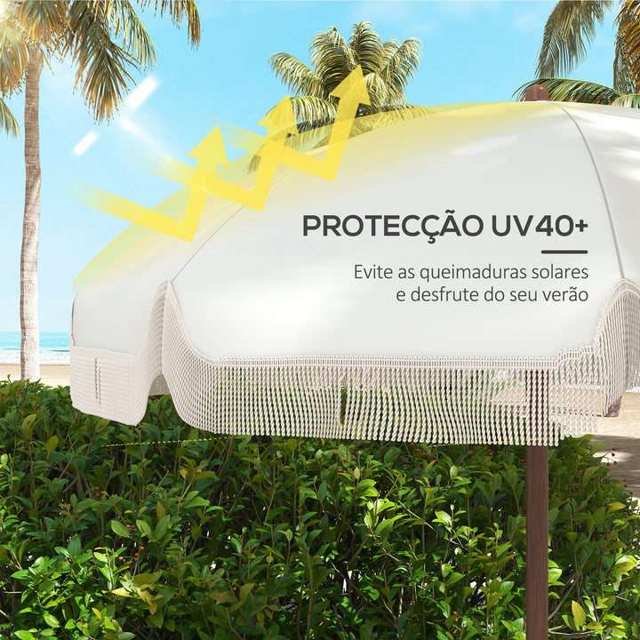 Chapéu de Sol de Praia Ø190x210 cm Chapéu de Sol para Terraço com 8 Varas Abertura Manual Anti-UV Impermeável e Bolsa de Transporte para Jardim Piscina Creme