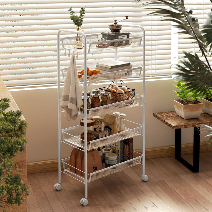 Carrinho Auxiliar com Rodas Carrinho de Cozinha de 5 Níveis com 4 Ganchos Capacidade de 15 kg para Sala de Jantar Sala de Estar Casa de Banho 45x26,5x106 cm Branco