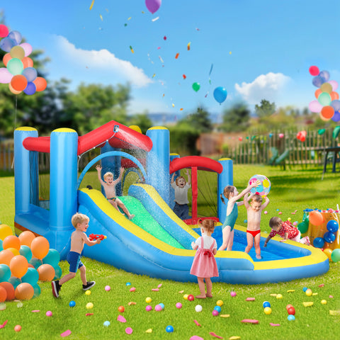 Castelo Insuflável com Soprador 5 em 1 Parque Aquático Insuflável para Crianças com Escorrega Piscina Alvo e Cesta para Exterior Interior 385x290x180 cm Multicor