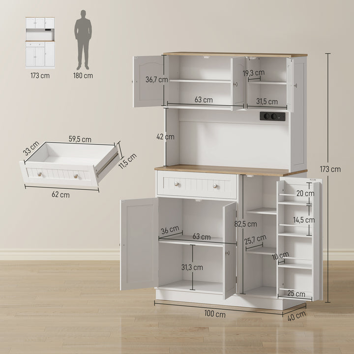 Armário de Cozinha Alto com Estação de Carregamento Móvel Auxiliar de Cozinha 6 Portas 1 Gaveta Prateleiras Ajustáveis 4 Prateleiras para Especiarias Bancada Ampla para Sala de Jantar 100x40x173 cm Branco