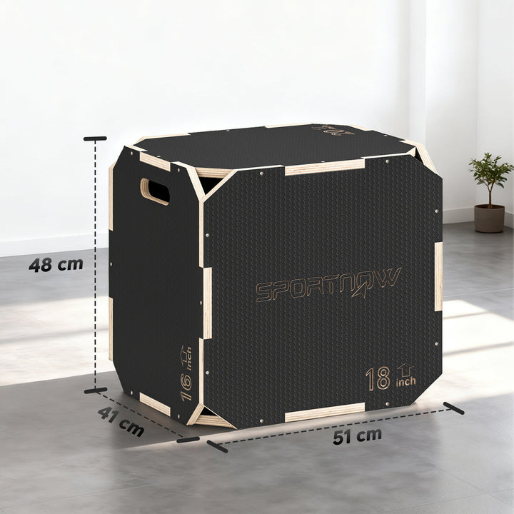 Caixa Pliométrica de Madeira 3 em 1 Plataforma de Caixa Pliométrica com 3 Alturas Diferentes Alças Sem Cantos Treino de Salto Força em Casa Ginásio e Exterior 51x47,5x40,5 cm Preto
