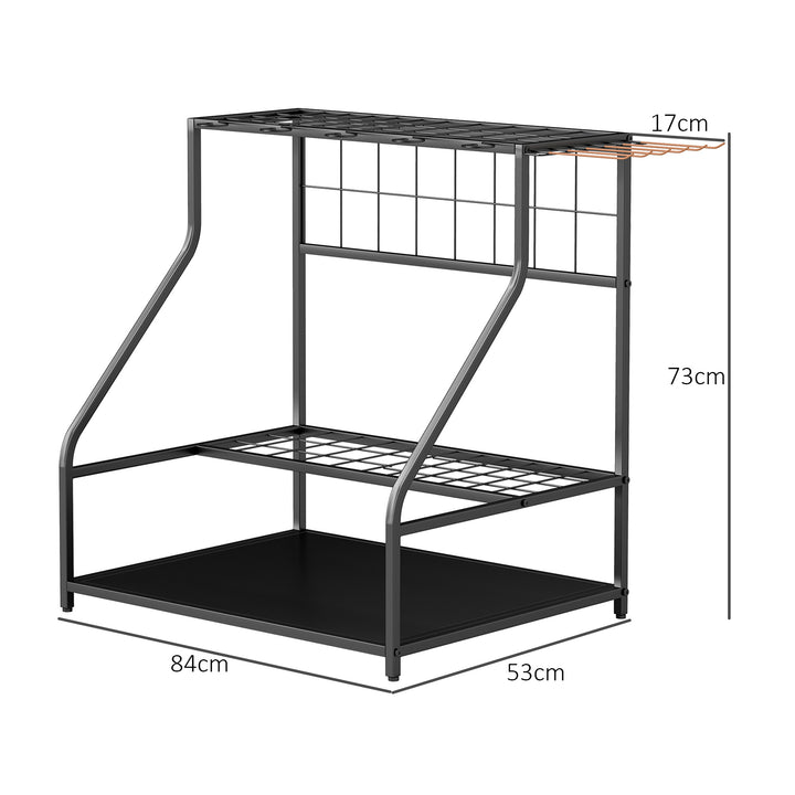 Organizador de Ferramentas de Jardim Estante de Armazenamento de 3 Níveis para Garagem com Ganchos para Pás Ancinhos Vassouras Suporte de Metal 84x53x73 cm Preto