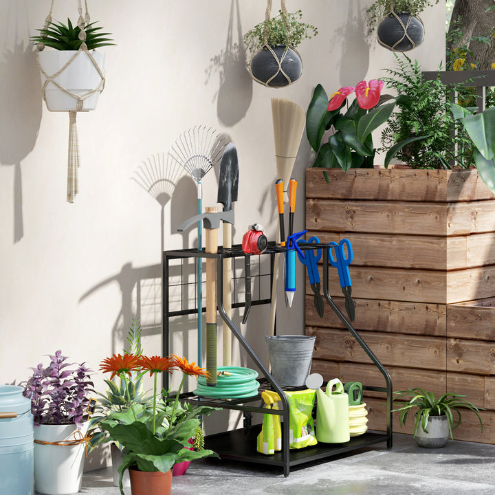 Organizador de Ferramentas de Jardim Estante de Armazenamento de 3 Níveis para Garagem com Ganchos para Pás Ancinhos Vassouras Suporte de Metal 84x53x73 cm Preto