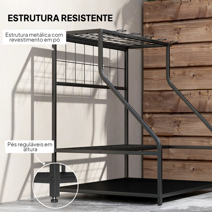 Organizador de Ferramentas de Jardim Estante de Armazenamento de 3 Níveis para Garagem com Ganchos para Pás Ancinhos Vassouras Suporte de Metal 84x53x73 cm Preto
