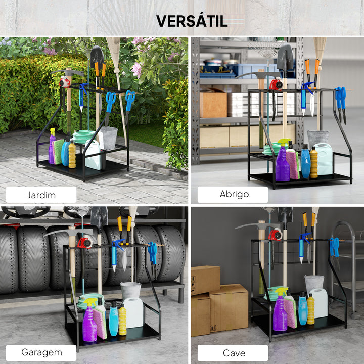 Organizador de Ferramentas de Jardim Estante de Armazenamento de 3 Níveis para Garagem com Ganchos para Pás Ancinhos Vassouras Suporte de Metal 84x53x73 cm Preto