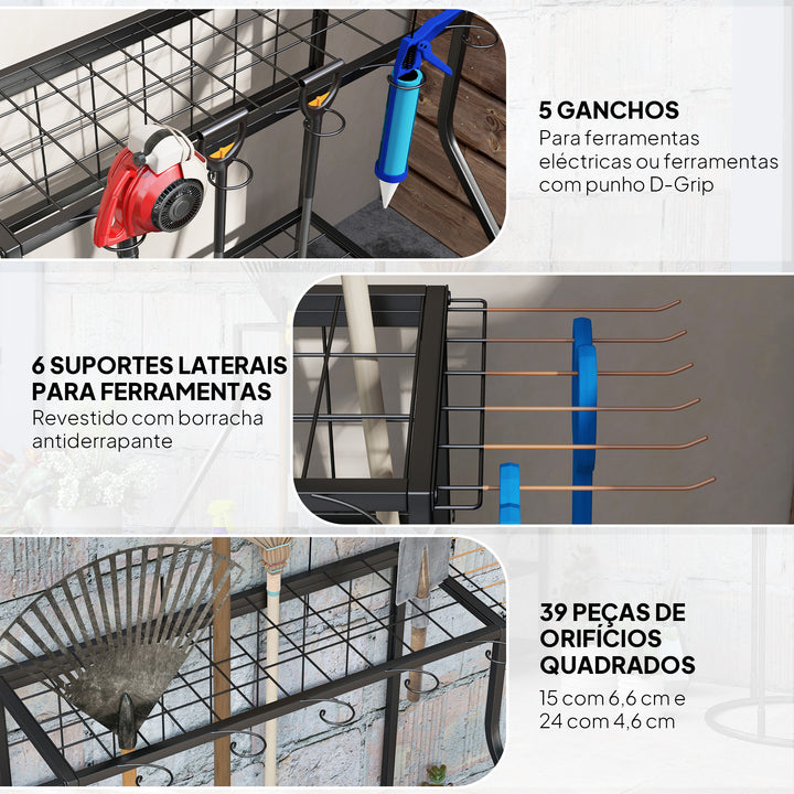 Organizador de Ferramentas de Jardim Estante de Armazenamento de 3 Níveis para Garagem com Ganchos para Pás Ancinhos Vassouras Suporte de Metal 84x53x73 cm Preto