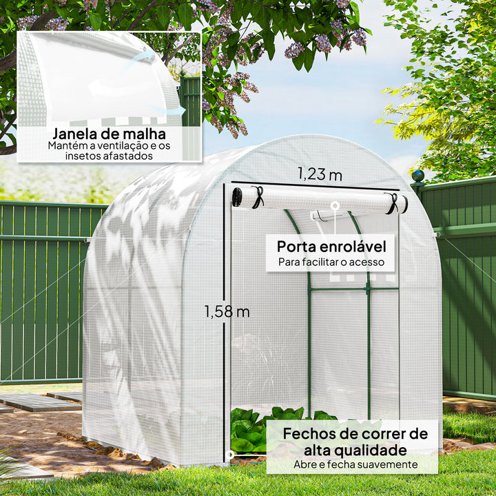 Estufa de Jardim 180x180x200 cm Estufa Tipo Túnel Pequena com Porta Enrolável e Janela de Malha para Cultivar Plantas Flores Branco