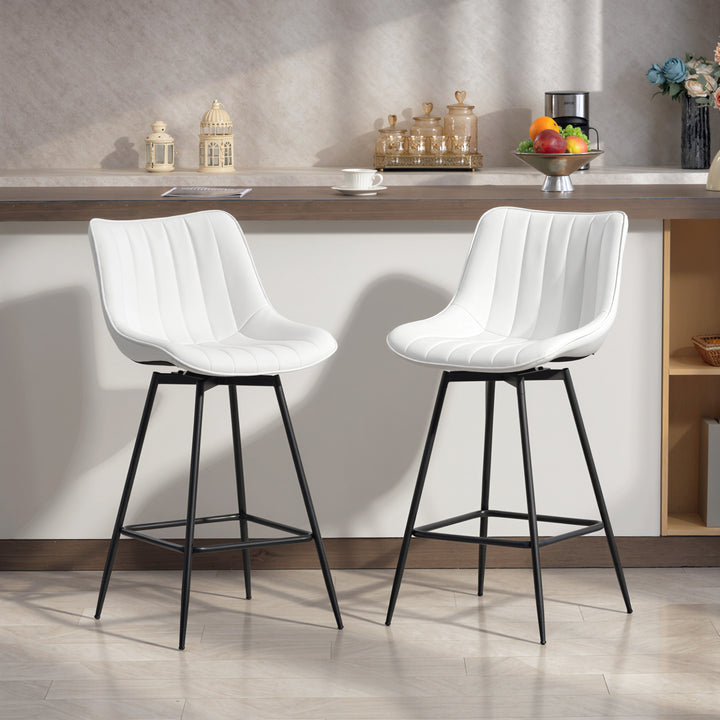 Conjunto de 2 Bancos de Bar Giratórios Bancos Altos de Cozinha com Encosto Curvado e Apoio para os Pés Estofados em PU Estrutura de Aço Cadeiras Altas de Cozinha para Sala de Jantar 47x54,5x97,5 cm Branco