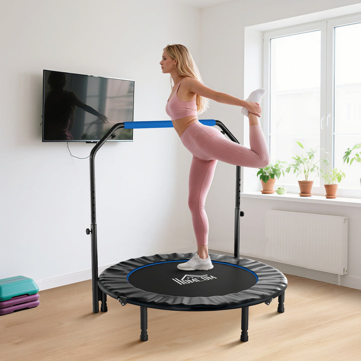 Trampolim Fitness Ø122 Trampolim Dobrável com Pega Ajustável em 4 Níveis Estrutura de Aço para Treino de Pernas Corpo em Casa Escritório Ginásio Azul