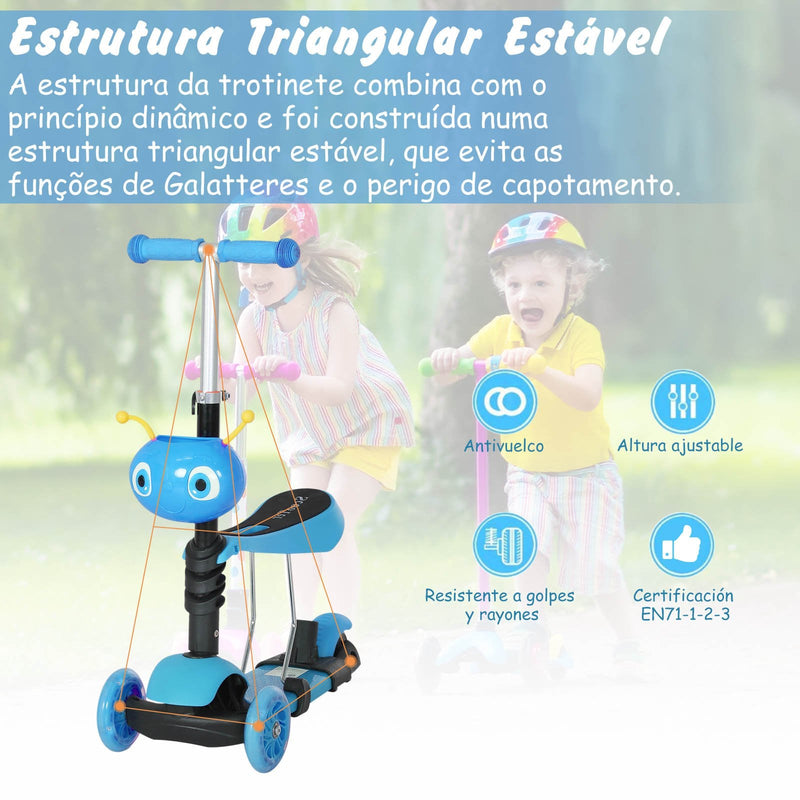 trotinete 5 em 1 para crianças de acima de1 ano trotinete de 3 rodas com assento removível guiador ajustável 62x25x72,5 cm Azul