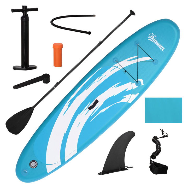 Prancha de Paddle Surf Insuflável 300x76x15cm Prancha de Stand Up Insuflável com Remo Ajustável Barbatanas Superfície Antiderrapante Bomba e Bolsa de Transporte Azul