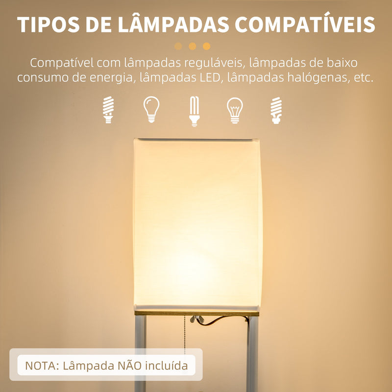 Candeeiro de Pé Moderno com Prateleiras Candeeiro de Pé para Sala de Estar Lâmpada E27 Máx. 40W com Ecrã de Tecido e Interruptor de Pé para Dormitório Escritório 26x26x159cm Branco e Madeira