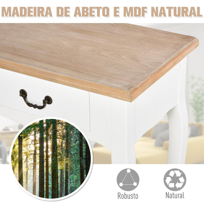 Mesa consola tipo aparador para corredor com desenho retrô com 2 gavetas Pinho 87x34x78,5 cm Branco