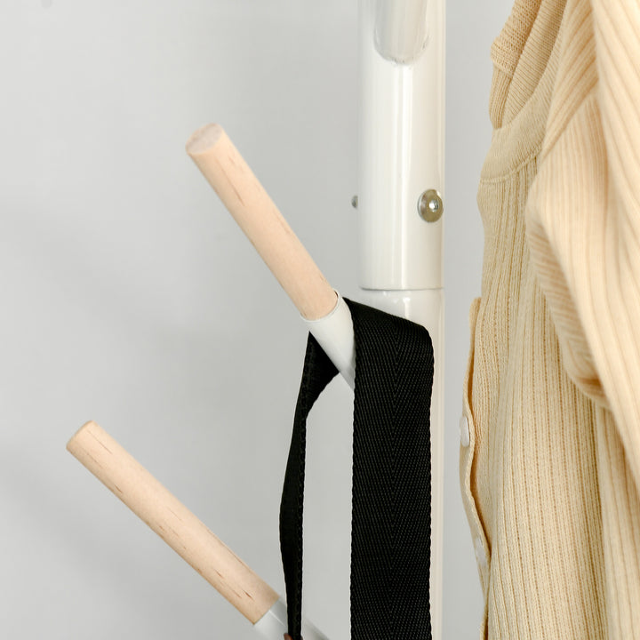 Cabide de Pé de Madeira Cabide de Pé com 6 Ganchos para Roupa Bolsas e Estrutura de Metal para Sala de Estar Entrada Dormitório 35x35x174cm Branco e Madeira