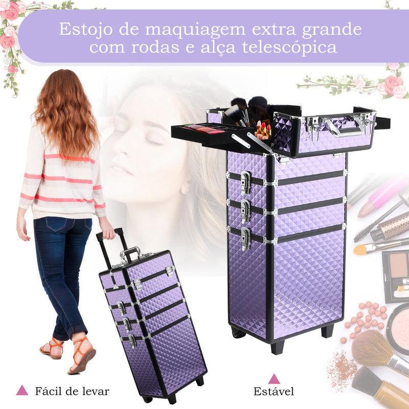 Estojo de maquiagem profissional com alça e rodas Trolley de diferentes níveis Estojo de maquiagem 33.5x23x76 / 95.5 cm