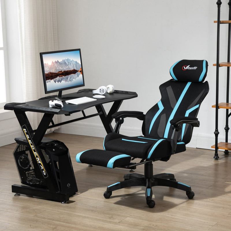 Cadeira de Gaming com Apoio para os Pés Retrátil Cadeira de Escritório Reclinável com Apoio para a Cabeça e Altura Ajustável 65x65x119-129cm Preto e Azul