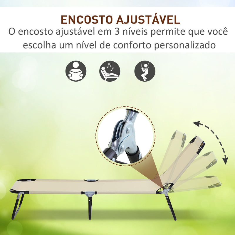 Espreguiçadeira dobrável reclinável com ângulo ajustável de 3 posições para exterior carga 120 kg 190x56x28 cm Creme