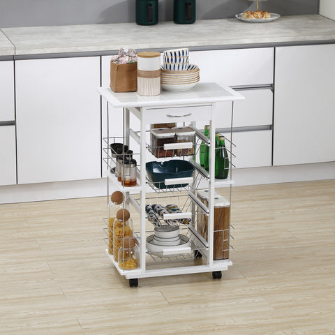 Carrinho de Cozinha com Rodas Carrinho de Cozinha com Bancada Gaveta 4 Cestas de Metal e 4 Suportes para Temperos Laterais para Cozinha 57x37x83cm Branco