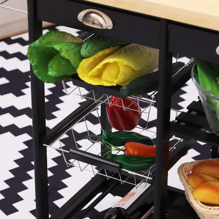 Carrinho de Cozinha com Rodinhas com Prateleira e Gaveta 74x37x76cm Preto