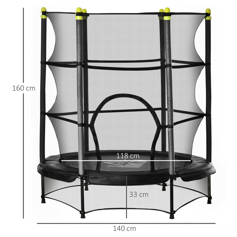 Trampolim para Crianças acima de 3 Anos Cama Elástica Infantil com Rede de Segurança e Estrutura de Aço para Interiores e Exteriores Carga 45kg 140x140x160cm Preto