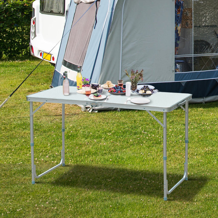 Mesa de acampamento dobrável e conversível com altura ajustável - Cor: Branco - Alumínio e MDF - 120x60x54-70cm