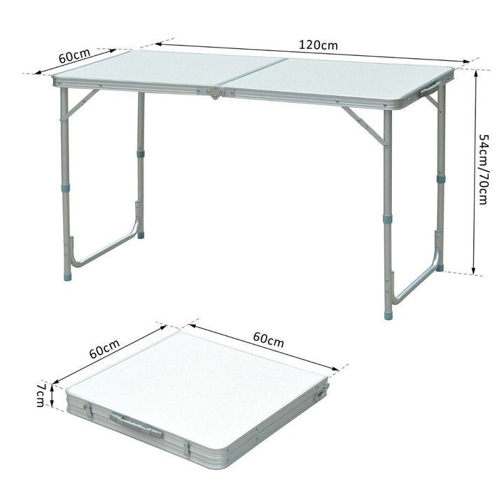 Mesa de acampamento dobrável e conversível com altura ajustável - Cor: Branco - Alumínio e MDF - 120x60x54-70cm
