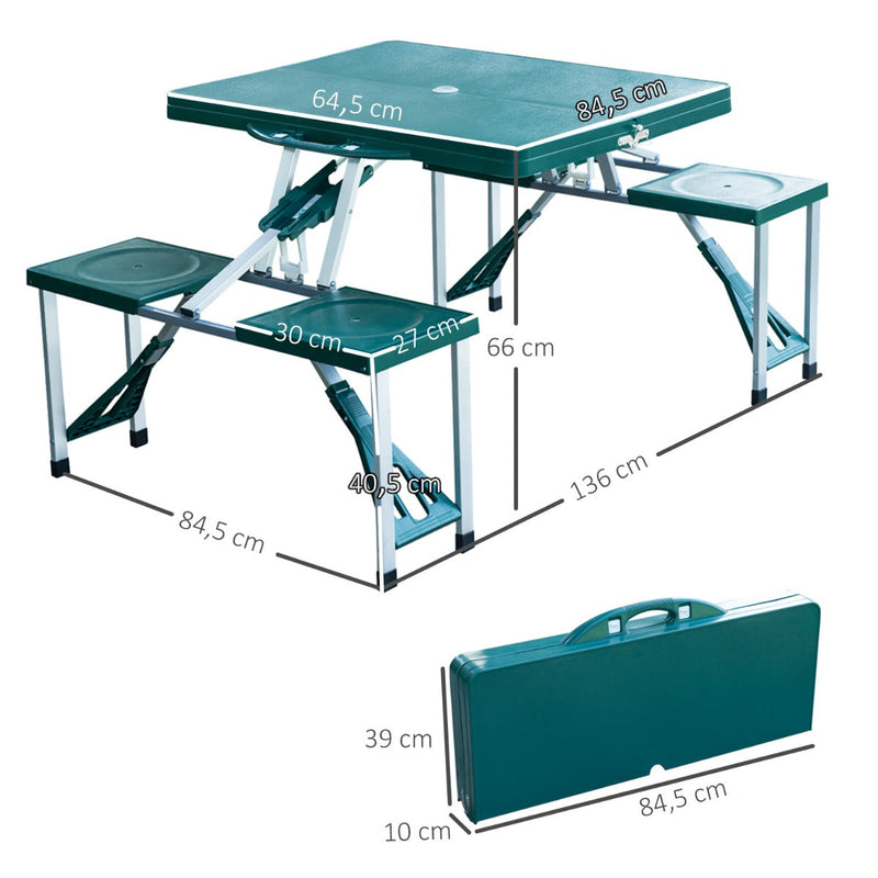 Mesa de Acampamento Dobrável com 4 Cadeiras Conjunto para Acampamento com Orifício para Guarda Sol Estrutura de Alumínio 136x84,5x66 cm Verde