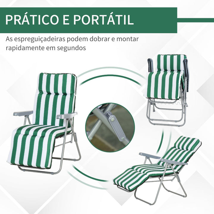 Conjunto de 2 Espreguiçadeiras Acolchoadas Dobráveis e Reclináveis com Descanso para os pés para Praia ou Campismo - Aço - 60x73x102 cm