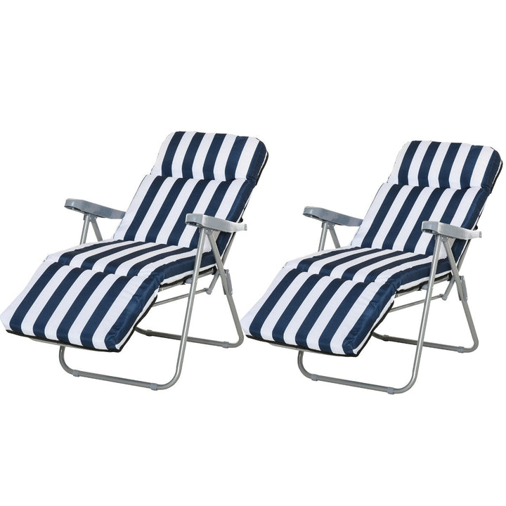 Conjunto de 2 espreguiçadeiras acolchoadas reclináveis e reclináveis com apoio para os pés para a praia ou para o acampamento - azul e branco - aço - 58x90x110cm