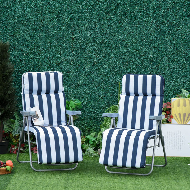 Conjunto de 2 espreguiçadeiras acolchoadas reclináveis e reclináveis com apoio para os pés para a praia ou para o acampamento - azul e branco - aço - 58x90x110cm