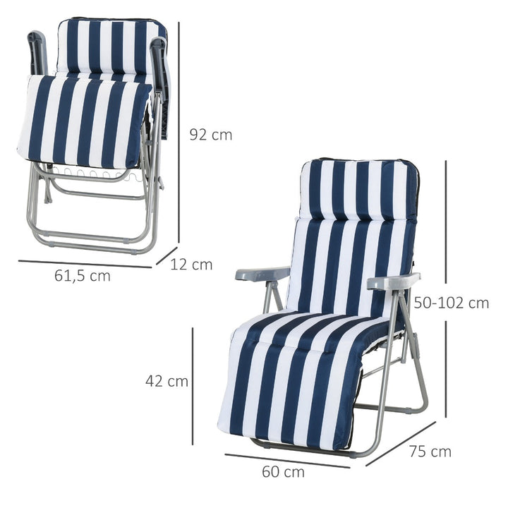 Conjunto de 2 espreguiçadeiras acolchoadas reclináveis e reclináveis com apoio para os pés para a praia ou para o acampamento - azul e branco - aço - 58x90x110cm
