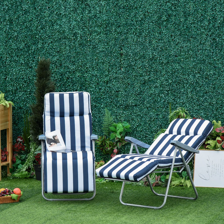 Conjunto de 2 espreguiçadeiras acolchoadas reclináveis e reclináveis com apoio para os pés para a praia ou para o acampamento - azul e branco - aço - 58x90x110cm