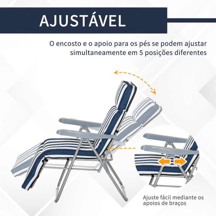 Conjunto de 2 espreguiçadeiras acolchoadas reclináveis e reclináveis com apoio para os pés para a praia ou para o acampamento - azul e branco - aço - 58x90x110cm