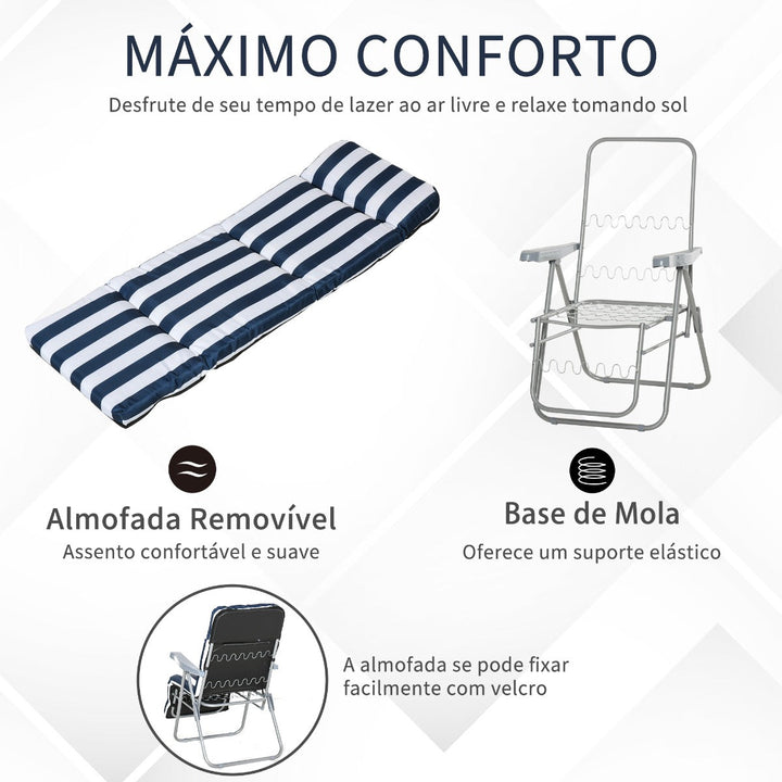 Conjunto de 2 espreguiçadeiras acolchoadas reclináveis e reclináveis com apoio para os pés para a praia ou para o acampamento - azul e branco - aço - 58x90x110cm