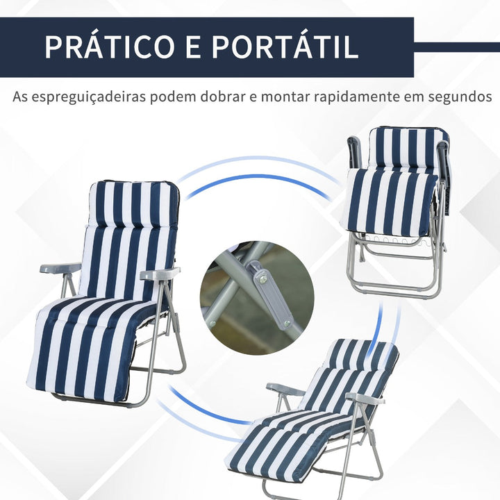 Conjunto de 2 espreguiçadeiras acolchoadas reclináveis e reclináveis com apoio para os pés para a praia ou para o acampamento - azul e branco - aço - 58x90x110cm